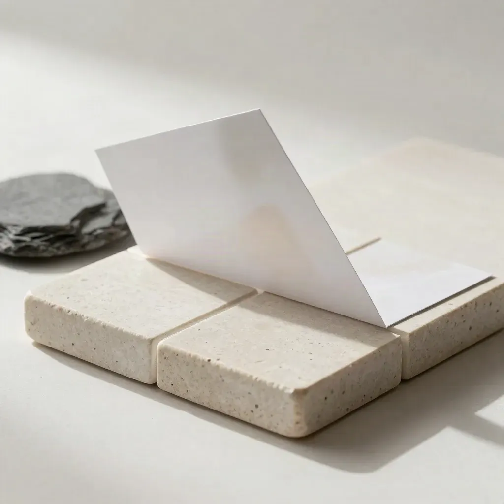Modulo in pietra chiara con tile satinate e foglio piegato su ardesia, luce radente.