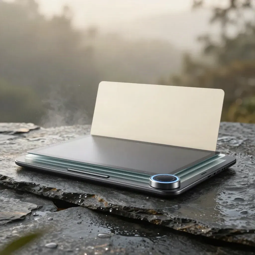 Tablet dashboard e schede dati su pietra bagnata, luce morbida e atmosfera analitica.