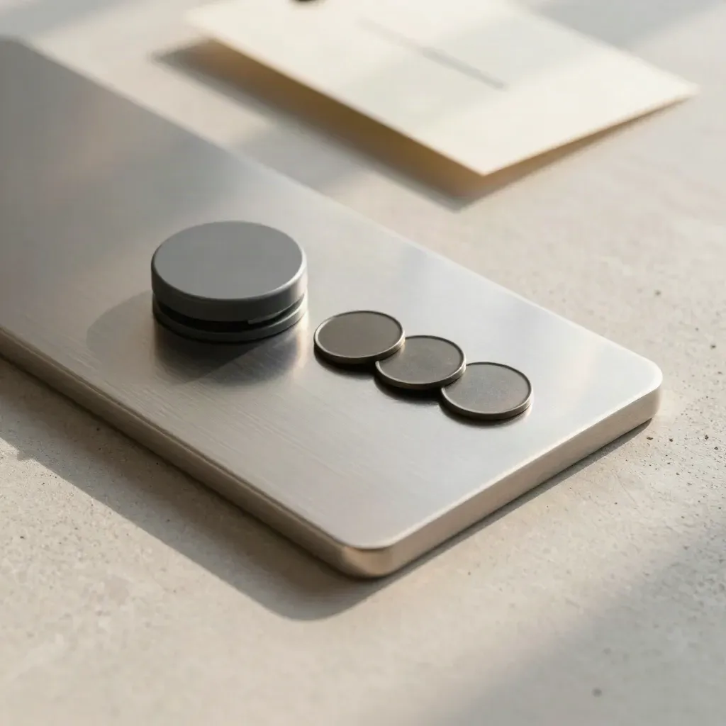 Puck voti con tre token su vassoio metallico, flatlay su cemento chiaro.