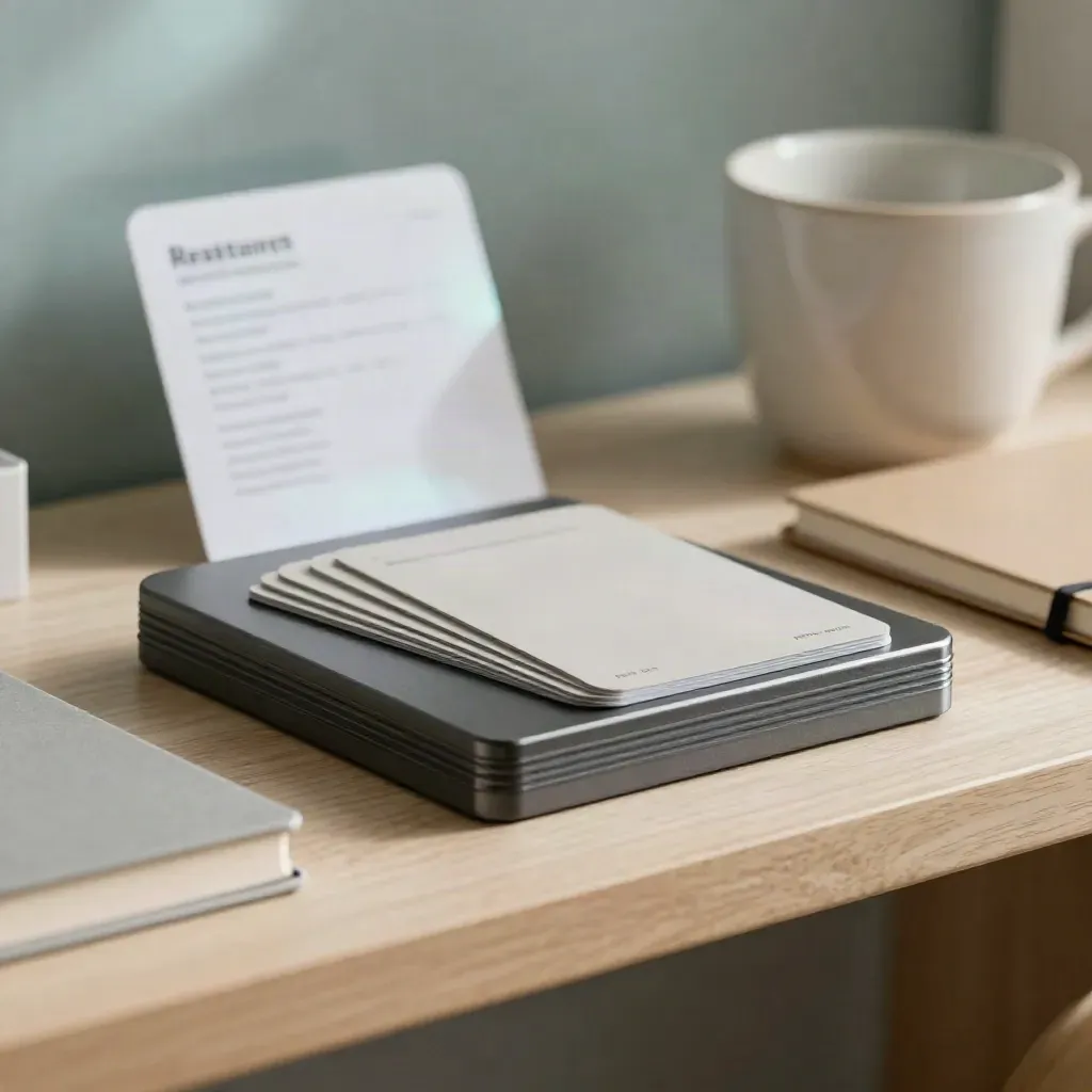 Blocco dashboard grafite con carte dati, tazza ceramica e taccuino su mensola in legno chiaro.