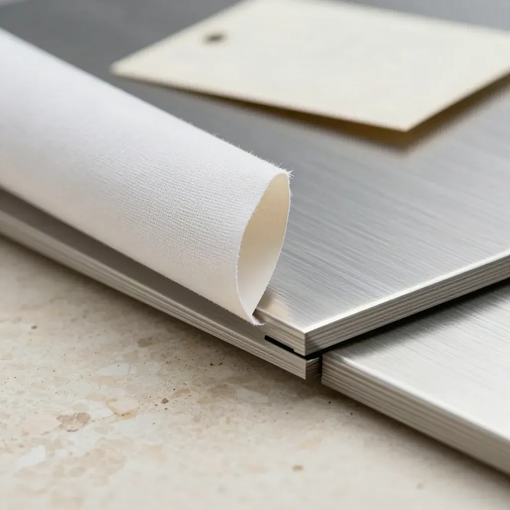 Primo piano di un modulo in alluminio spazzolato con custodia di carta e nastro di lino su travertino.