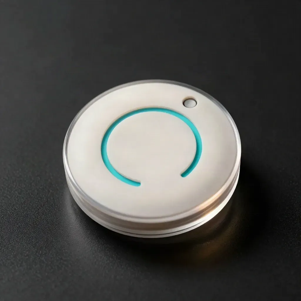 Puck circolare per feedback con bordo traslucido e chip di interfaccia su fondo nero drammatico.