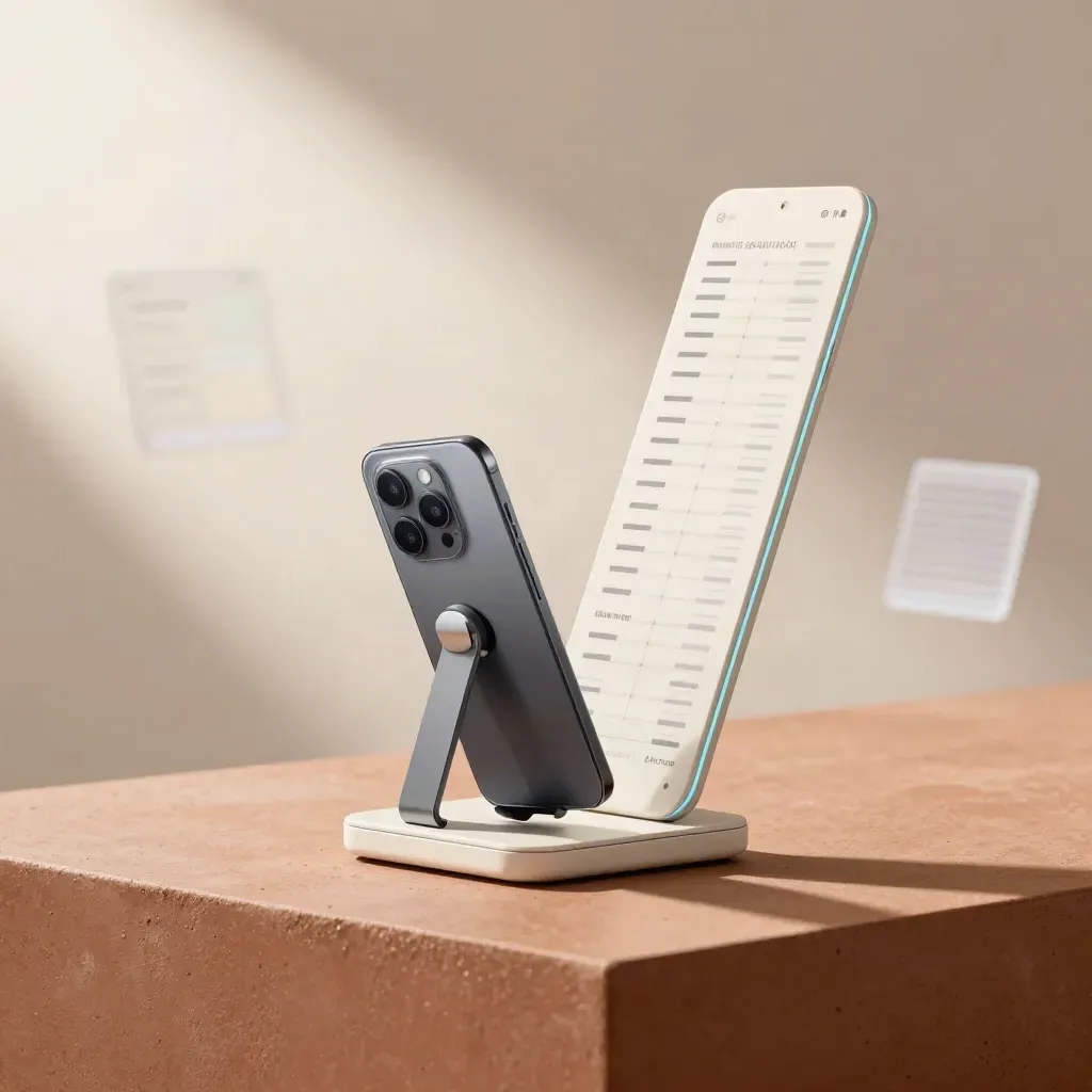 Pod glossy con supporto smartphone e due tile metriche su plinto in terracotta, luce morbida.