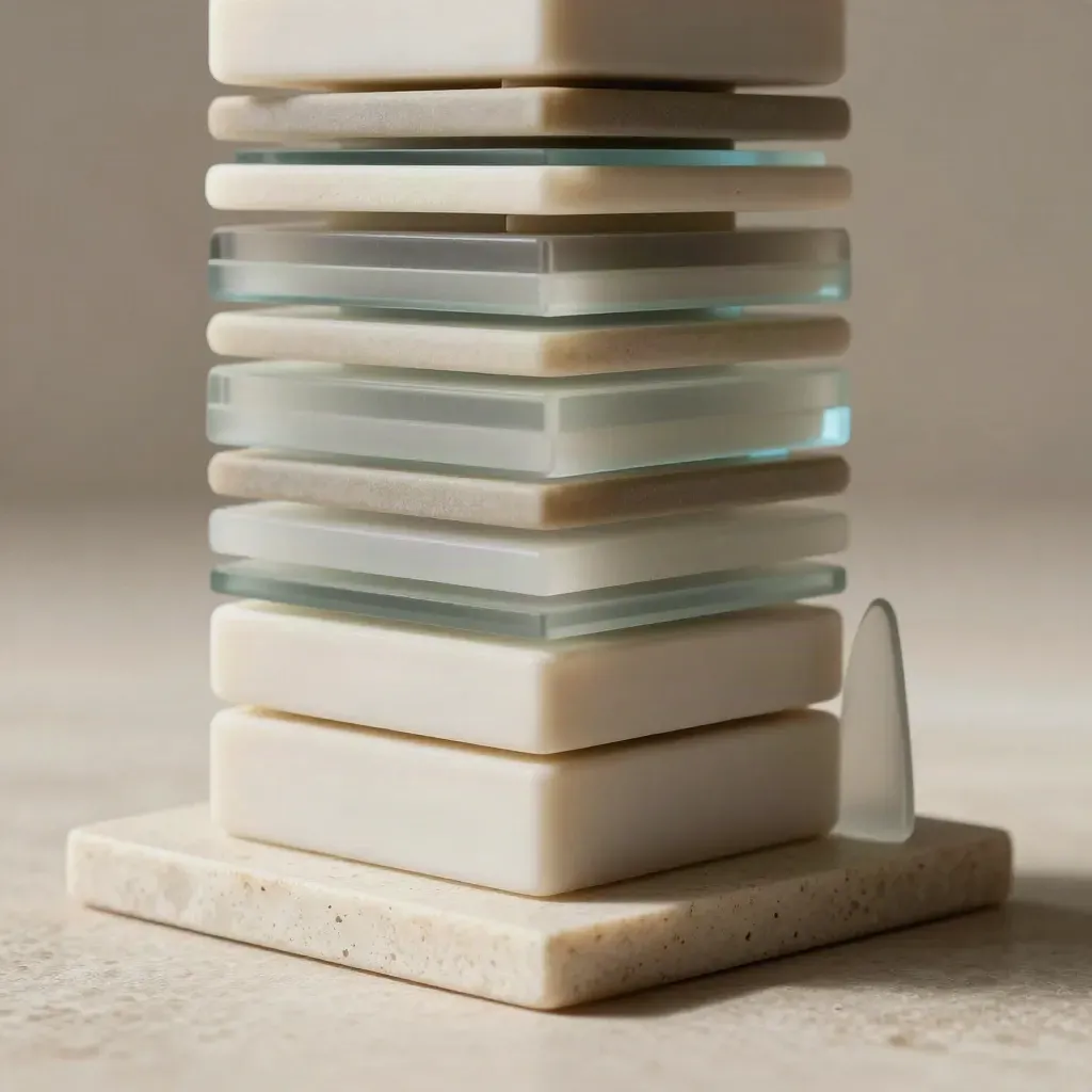 Scultura di tessere sondaggio in vetro satinato e ceramica, su base in pietra chiara.