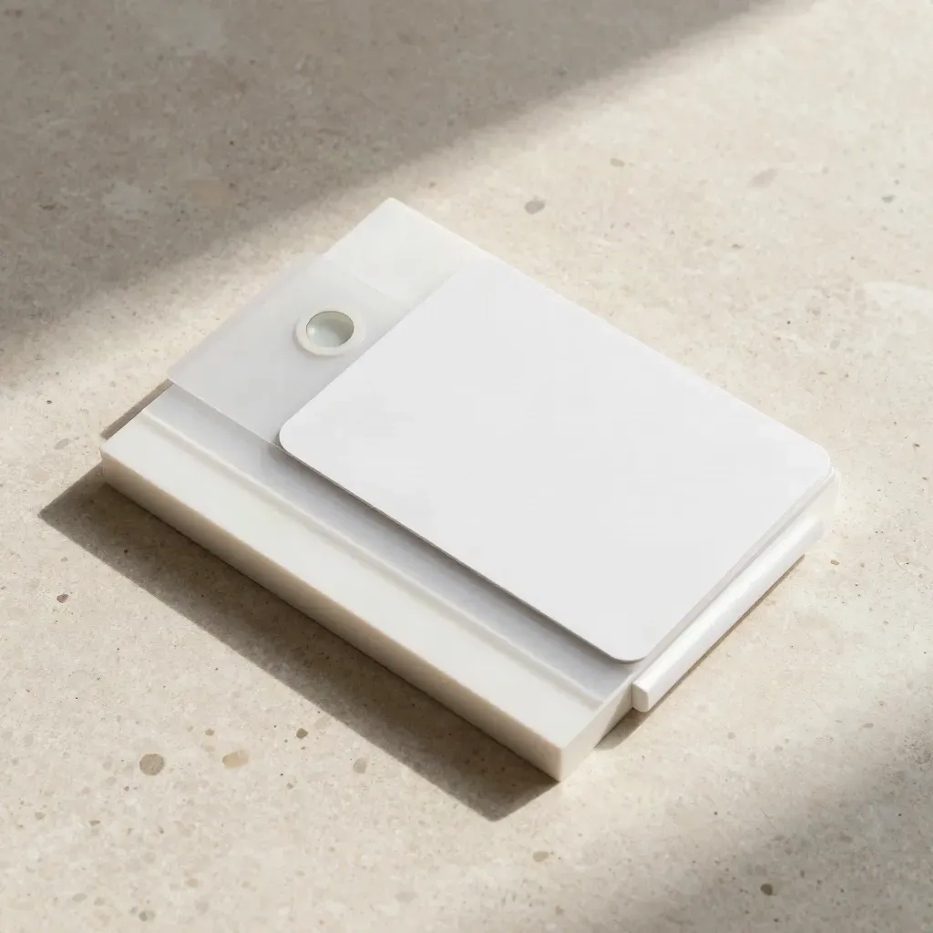 Flatlay dall’alto di blocco piano creator bianco su travertino, con tessere frost.