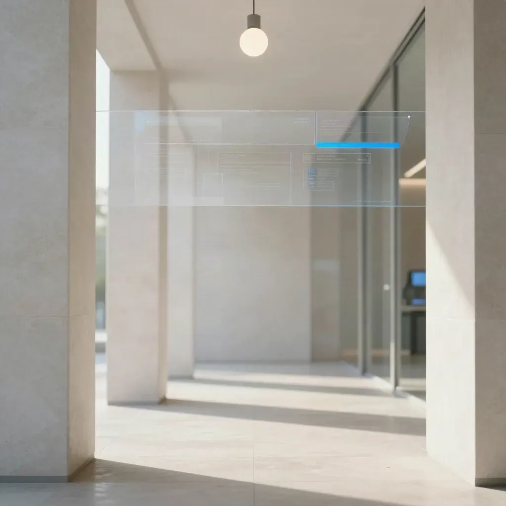 Corridoio moderno bianco con colonne in pietra e pannelli digitali sfocati in alto