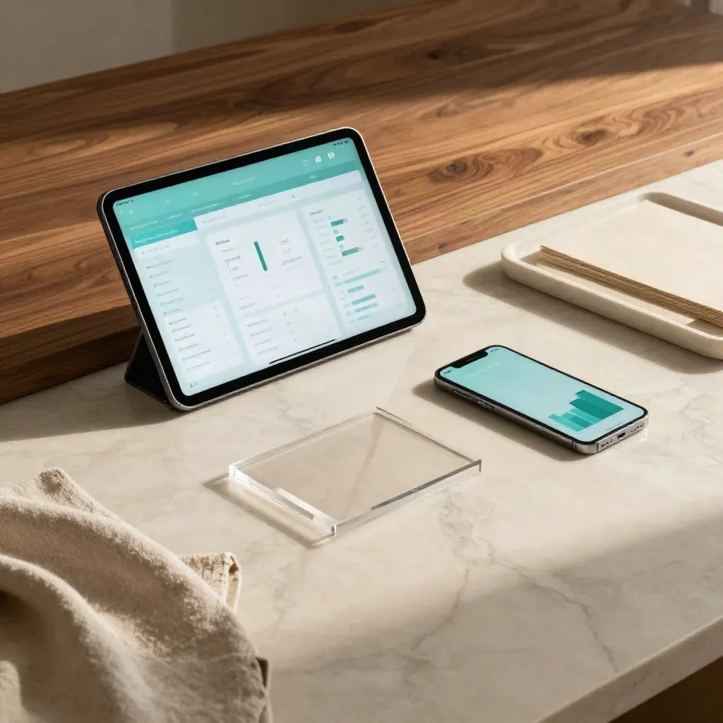 Tavolo in noce e marmo con tablet, telefono e carta neutra, luce calda dall’alto.